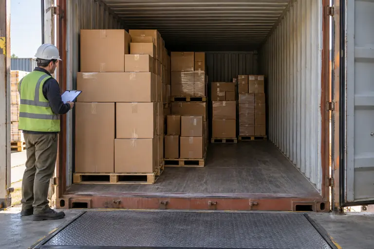 Worker reviewing palletized cartons inside an open shipping container.