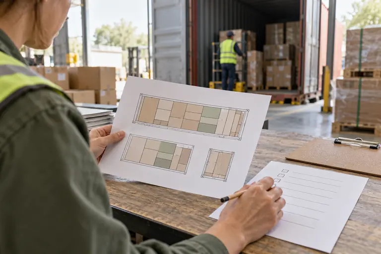 Planner reviewing a printed carton arrangement and checklist at a warehouse desk.