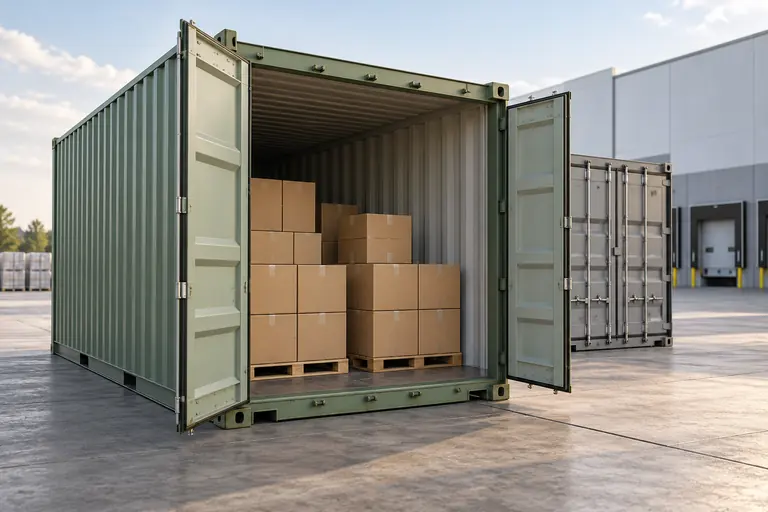 Open green shipping container with cartons in a logistics yard.