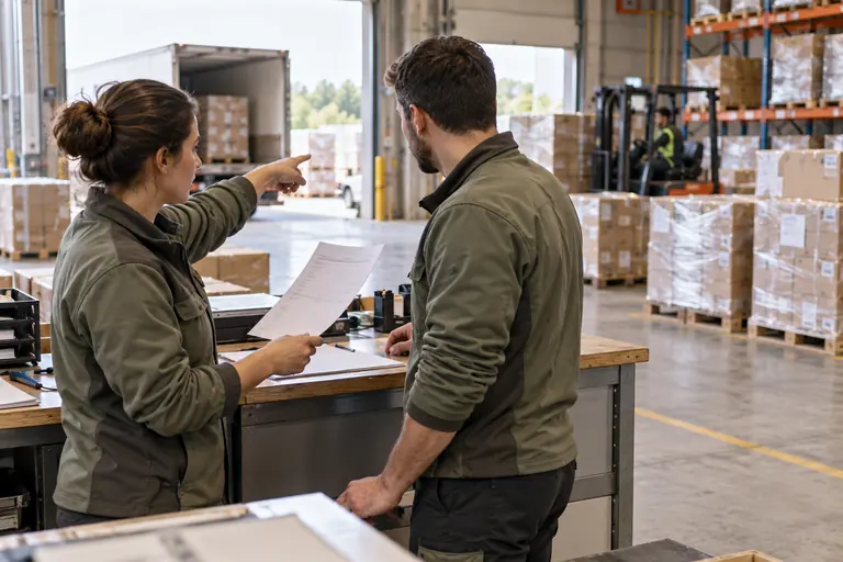 Two warehouse colleagues reviewing a printed cargo list beside outgoing pallets.
