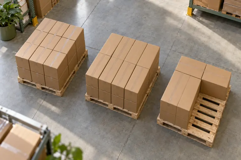 Three wooden pallets with cartons arranged in different uniform orientations.
