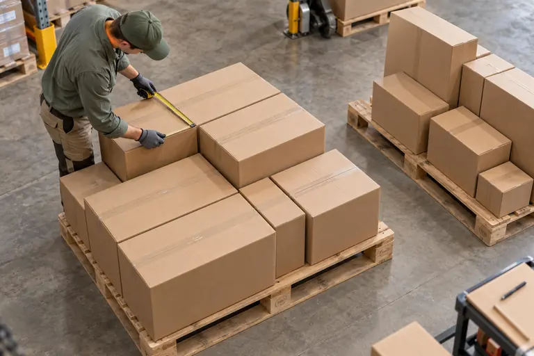 Warehouse operator measuring cartons arranged on wooden pallets.