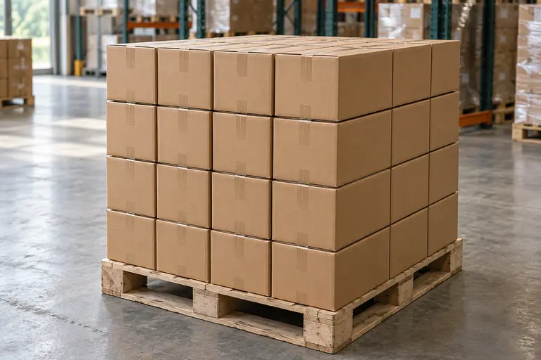 A wooden pallet holding four uniform layers of kraft cartons.