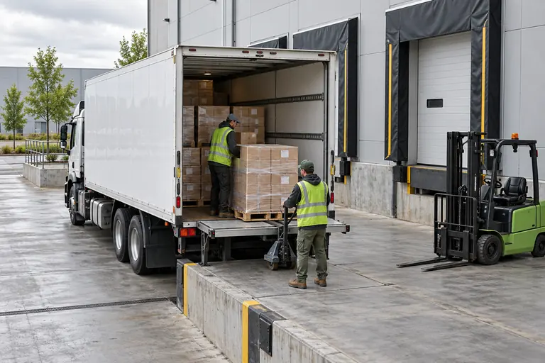 White box truck with palletized cartons at a warehouse loading dock.