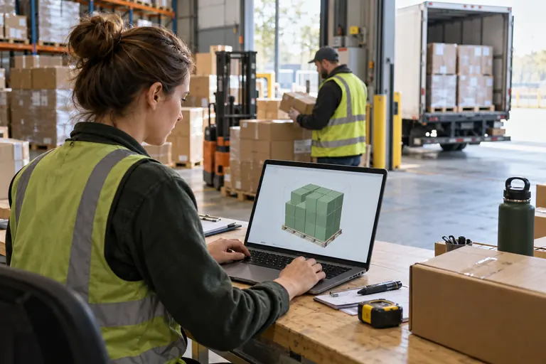 Warehouse planner reviewing an illustrative 3D carton layout on a laptop at a loading bay.